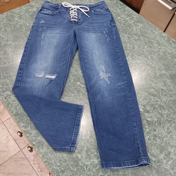 Forever 21 Lace Up Mid Rise Flare Leg Blue Denim Jeans Size 28 Rocker Y2k Vibes - Picture 1 of 12